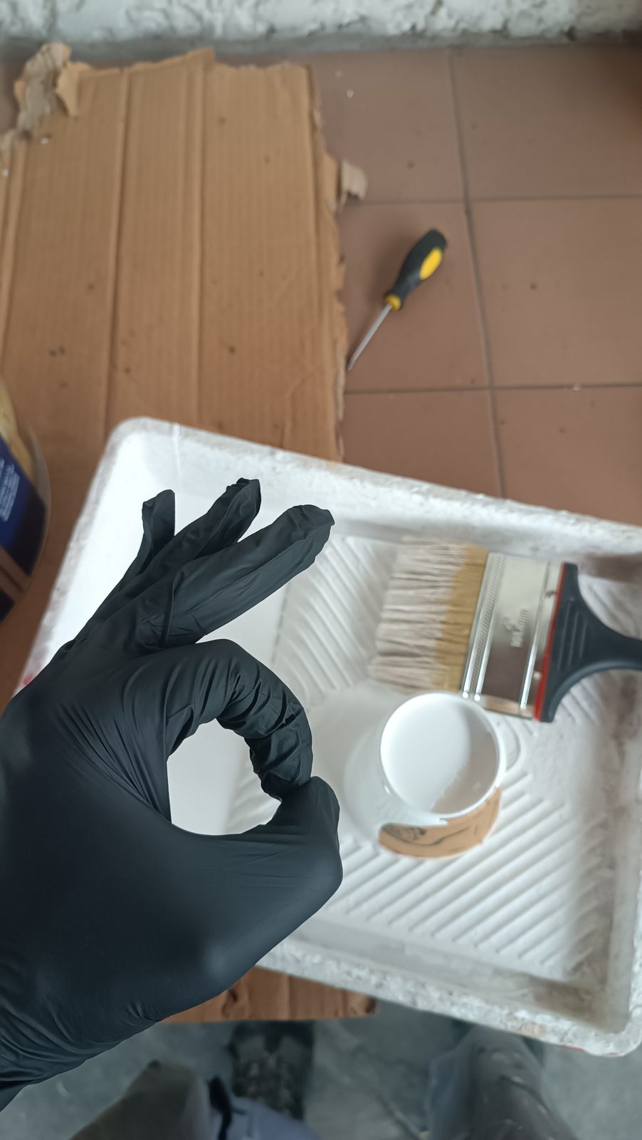 Preparación de pintura con pincel y guantes